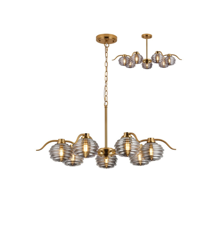 Astoria 86cm 7 Light Multi Arm Pendant/Semi Flush 160mm Glass Brass/Smoke-1