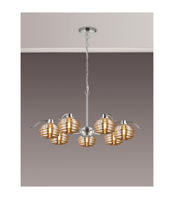 Astoria 86cm 7 Light Multi Arm Pendant/Semi Flush 160mm Glass Polished Nickel/Amber-3