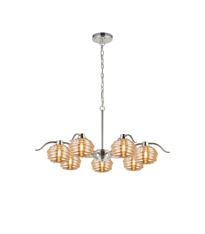 Astoria 86cm 7 Light Multi Arm Pendant/Semi Flush 160mm Glass Polished Nickel/Amber-5