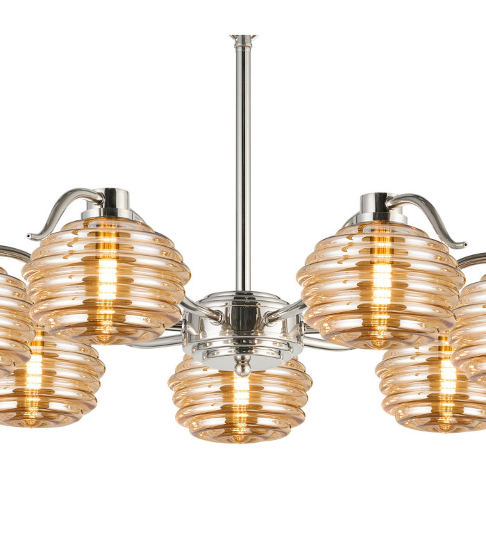 Astoria 86cm 7 Light Multi Arm Pendant/Semi Flush 160mm Glass Polished Nickel/Amber-6