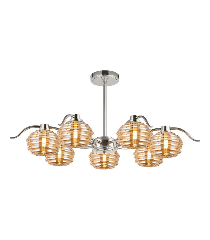 Astoria 86cm 7 Light Multi Arm Pendant/Semi Flush 160mm Glass Polished Nickel/Amber-9