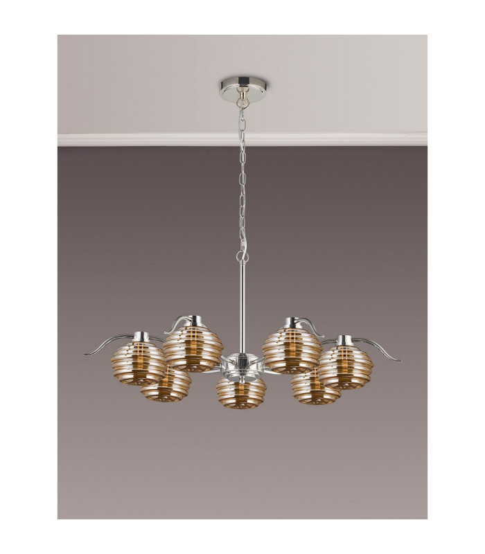 Astoria 86cm 7 Light Multi Arm Pendant/Semi Flush 160mm Glass Polished Nickel/Amber-11