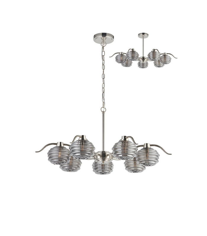 Astoria 86cm 7 Light Multi Arm Pendant/Semi Flush 160mm Glass Polished Nickel/Smoke-4