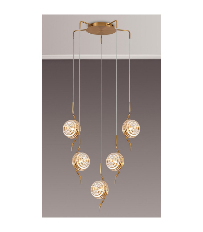 Astoria 63cm Round 5 Light Spider Pendant 160mm Glass Brass/Amber-3