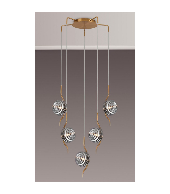 Astoria 63cm Round 5 Light Spider Pendant 160mm Glass Brass/Smoke-3