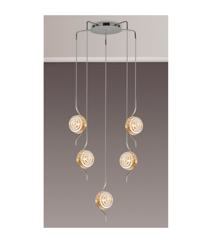 Astoria 63cm Round 5 Light Spider Pendant 160mm Glass Polished Nickel/Amber-3