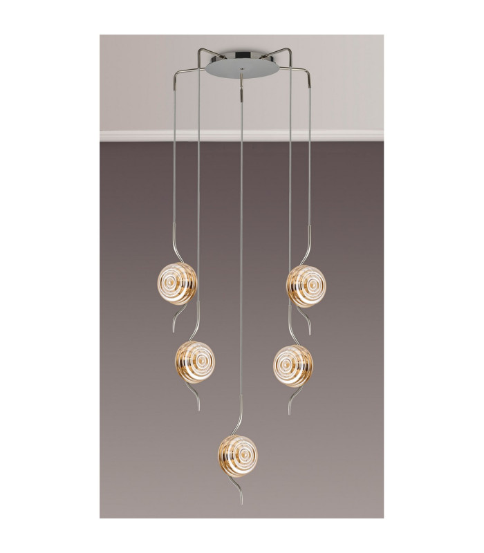 Astoria 63cm Round 5 Light Spider Pendant 160mm Glass Polished Nickel/Amber-8