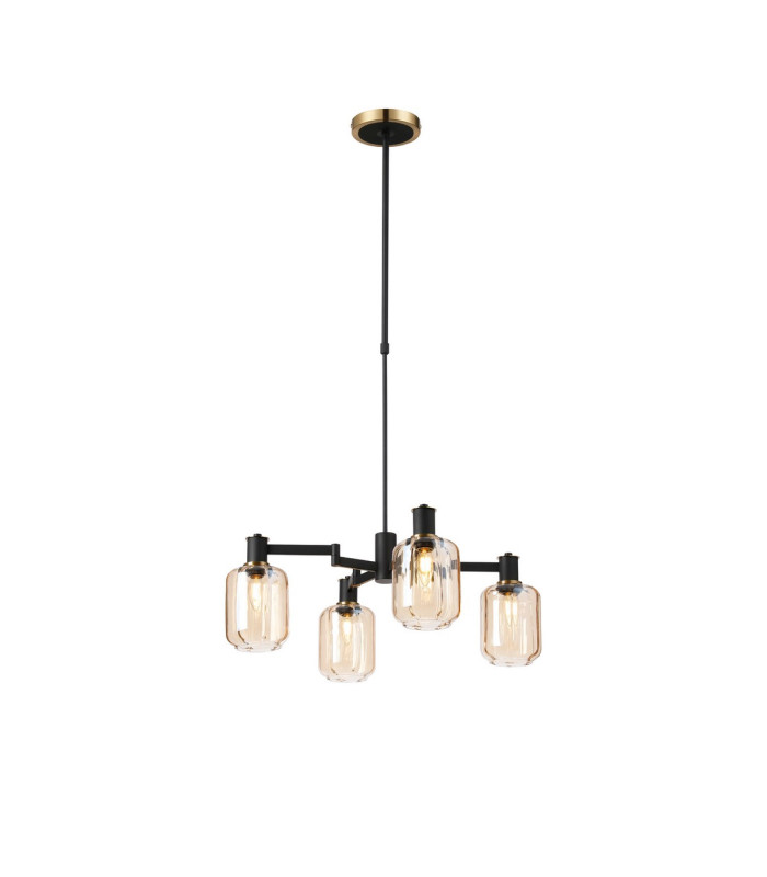 Worcester Swing Arm Telescopic Pendant 4 Light E14 Brass/Satin Black/Amber Striped Cylinder Glass-1