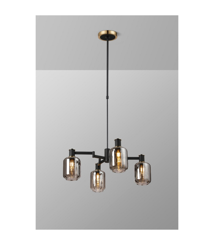 Worcester Swing Arm Telescopic Pendant 4 Light E14 Brass/Satin Black/Smoke Striped Cylinder Glass-3