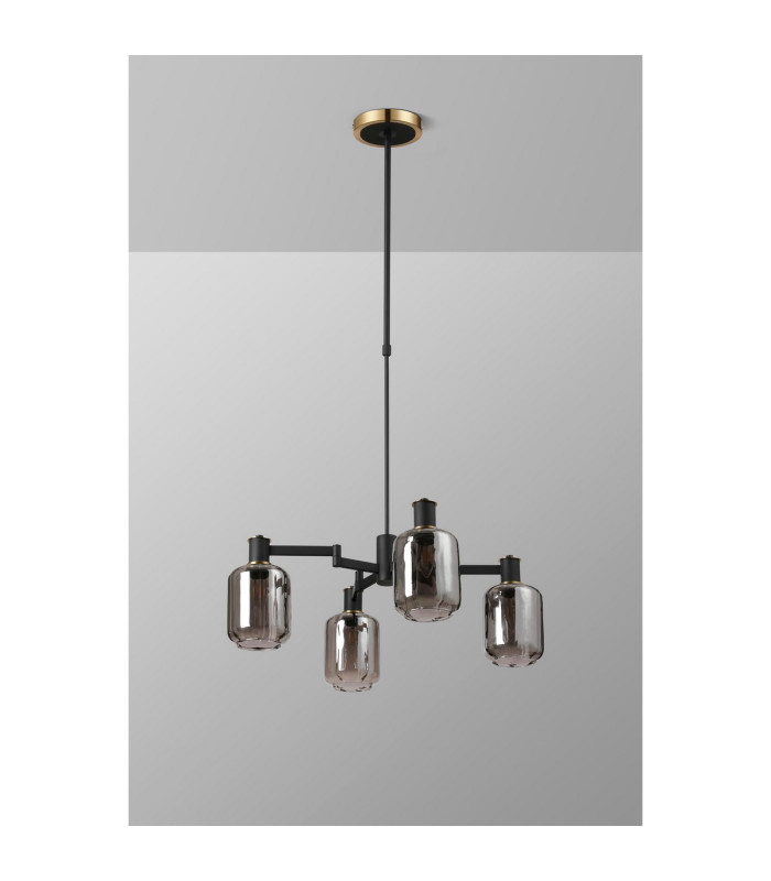 Worcester Swing Arm Telescopic Pendant 4 Light E14 Brass/Satin Black/Smoke Striped Cylinder Glass-9