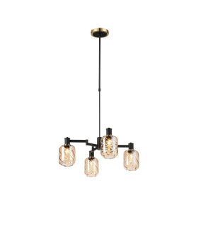 Worcester Swing Arm Telescopic Pendant 4 Light E14 Brass/Satin Black/Amber Twisted Cylinder Glass-1