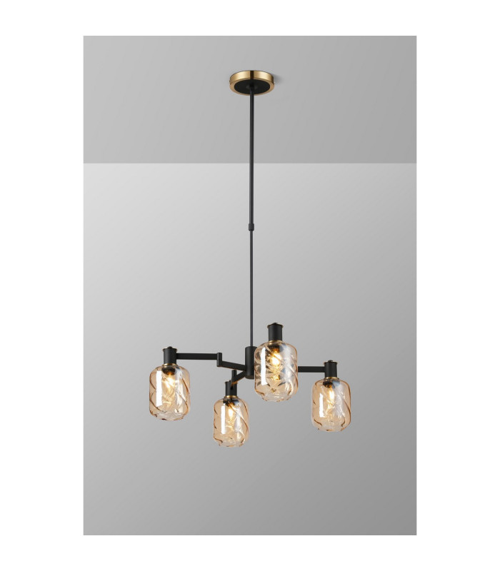 Worcester Swing Arm Telescopic Pendant 4 Light E14 Brass/Satin Black/Amber Twisted Cylinder Glass-3