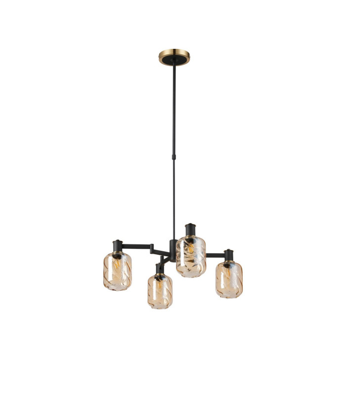 Worcester Swing Arm Telescopic Pendant 4 Light E14 Brass/Satin Black/Amber Twisted Cylinder Glass-5