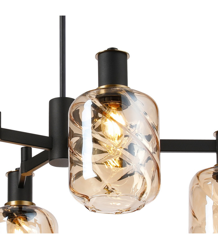 Worcester Swing Arm Telescopic Pendant 4 Light E14 Brass/Satin Black/Amber Twisted Cylinder Glass-6