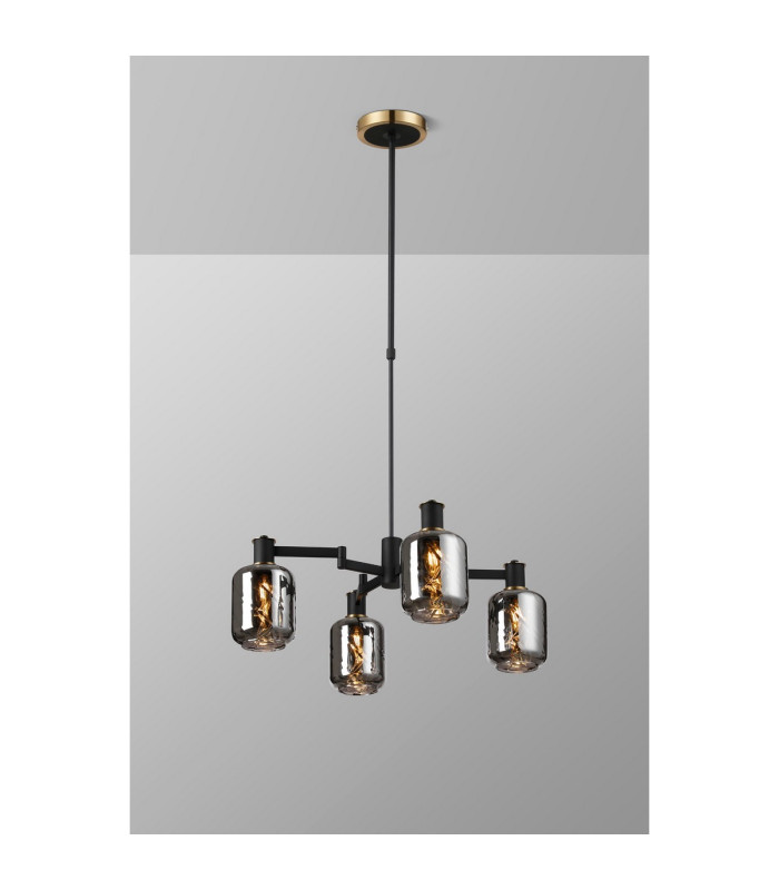 Worcester Swing Arm Telescopic Pendant 4 Light E14 Brass/Satin Black/Smoke Twisted Cylinder Glass-3