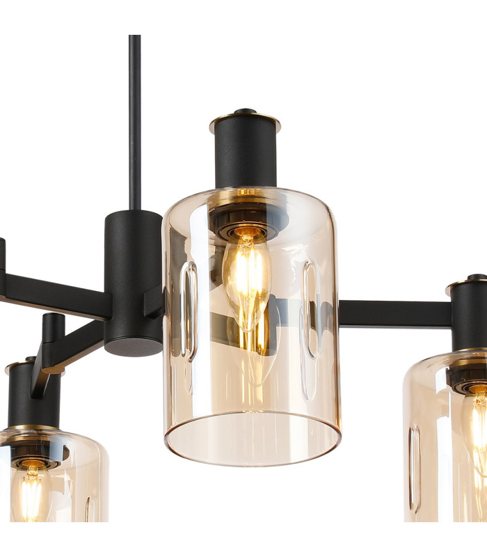 Worcester Swing Arm Telescopic Pendant 4 Light E14 Brass/Satin Black/Amber Uniform Dimple Cylinder Glass-6