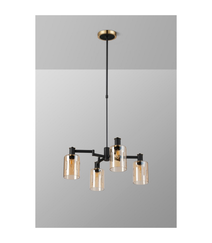 Worcester Swing Arm Telescopic Pendant 4 Light E14 Brass/Satin Black/Amber Uniform Dimple Cylinder Glass-9