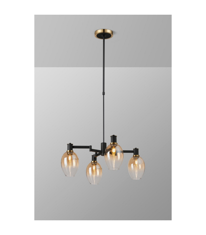 Worcester Swing Arm Telescopic Pendant 4 Light E14 Brass/Satin Black/Amber Fade Wine Glass Glass-3