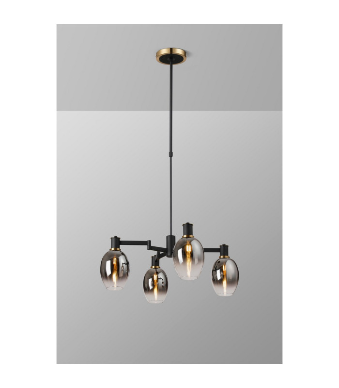 Worcester Swing Arm Telescopic Pendant 4 Light E14 Brass/Satin Black/Smoke Fade Wine Glass Glass-3