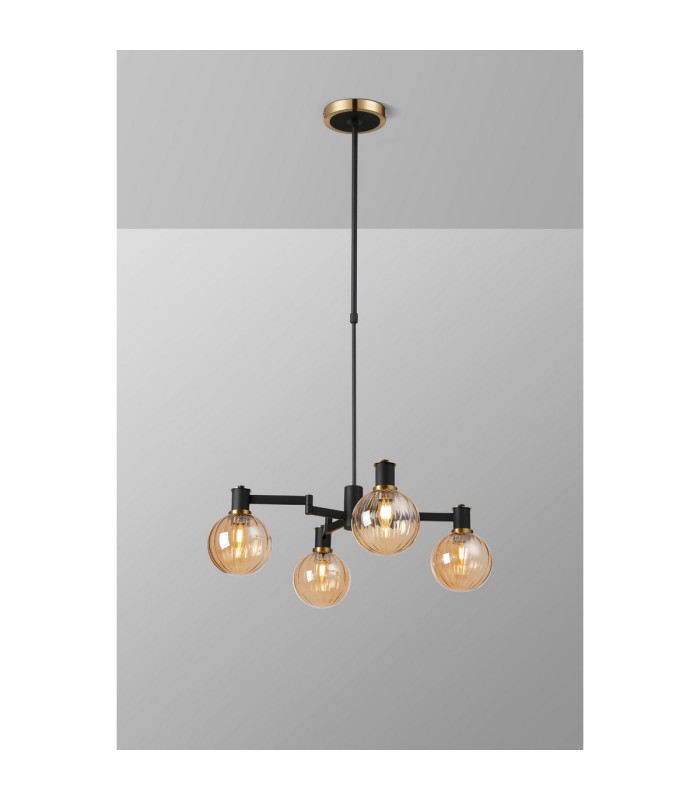 Worcester Swing Arm Telescopic Pendant 4 Light E14 Brass/Satin Black/Amber Plated Round Segment Glass-3