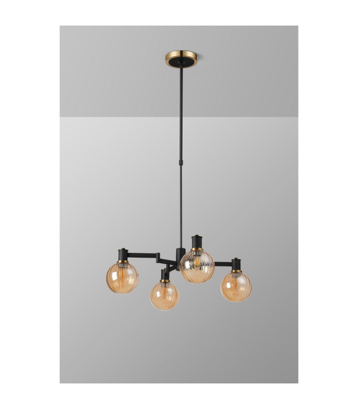 Worcester Swing Arm Telescopic Pendant 4 Light E14 Brass/Satin Black/Amber Plated Round Segment Glass-10