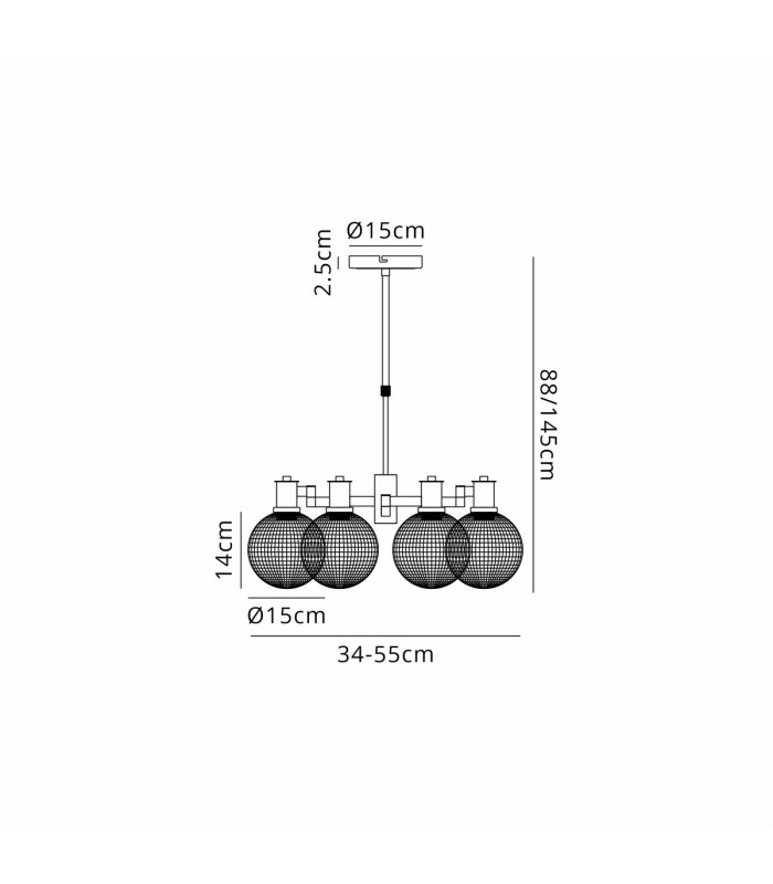Worcester Swing Arm Telescopic Pendant 4 Light E14 Brass/Satin Black/Clear Round Textured Diamond Pattern Glass-2