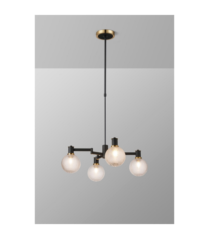 Worcester Swing Arm Telescopic Pendant 4 Light E14 Brass/Satin Black/Clear Round Textured Diamond Pattern Glass-3
