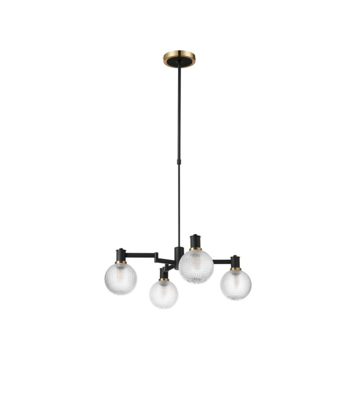 Worcester Swing Arm Telescopic Pendant 4 Light E14 Brass/Satin Black/Clear Round Textured Diamond Pattern Glass-4