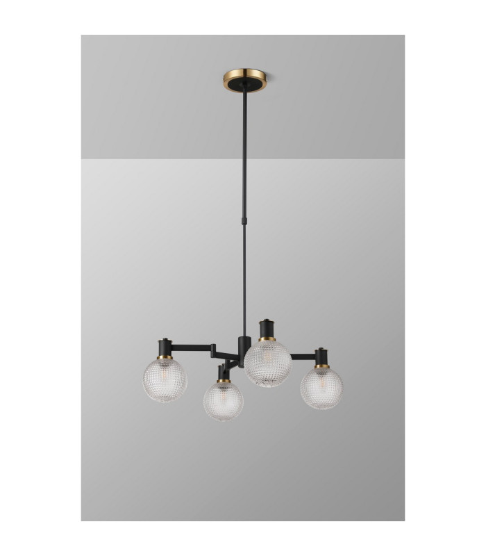 Worcester Swing Arm Telescopic Pendant 4 Light E14 Brass/Satin Black/Clear Round Textured Diamond Pattern Glass-10