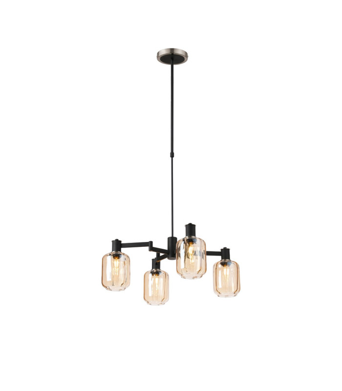 Worcester Swing Arm Telescopic Pendant 4 Light E14 Satin Nickel/Satin Black/Amber Striped Cylinder Glass-1