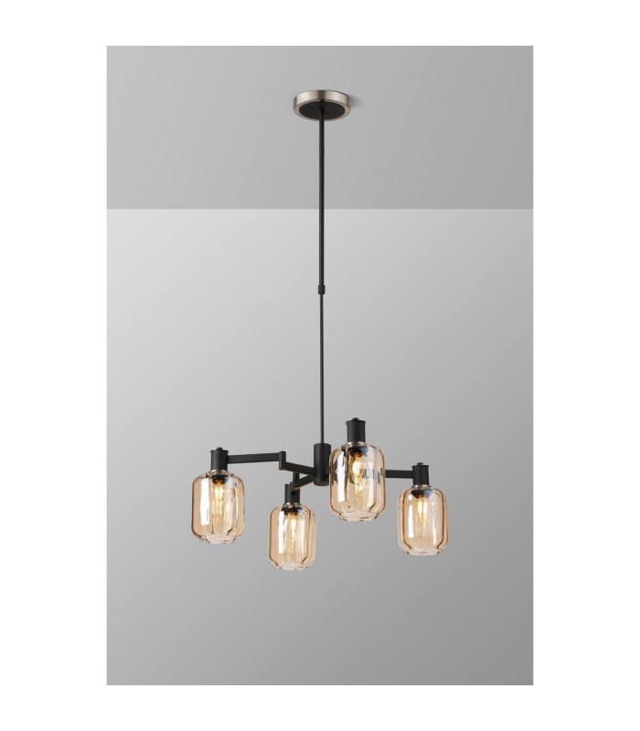 Worcester Swing Arm Telescopic Pendant 4 Light E14 Satin Nickel/Satin Black/Amber Striped Cylinder Glass-3