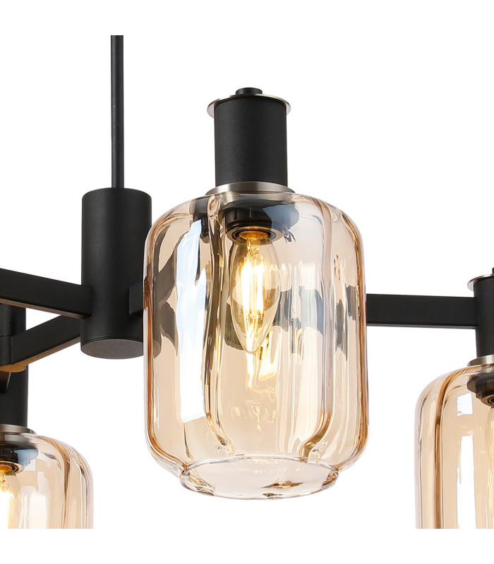 Worcester Swing Arm Telescopic Pendant 4 Light E14 Satin Nickel/Satin Black/Amber Striped Cylinder Glass-5