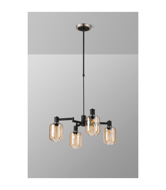 Worcester Swing Arm Telescopic Pendant 4 Light E14 Satin Nickel/Satin Black/Amber Striped Cylinder Glass-9