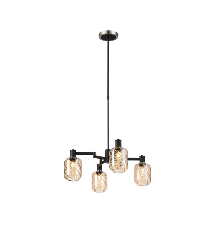Worcester Swing Arm Telescopic Pendant 4 Light E14 Satin Nickel/Satin Black/Amber Twisted Cylinder Glass-1