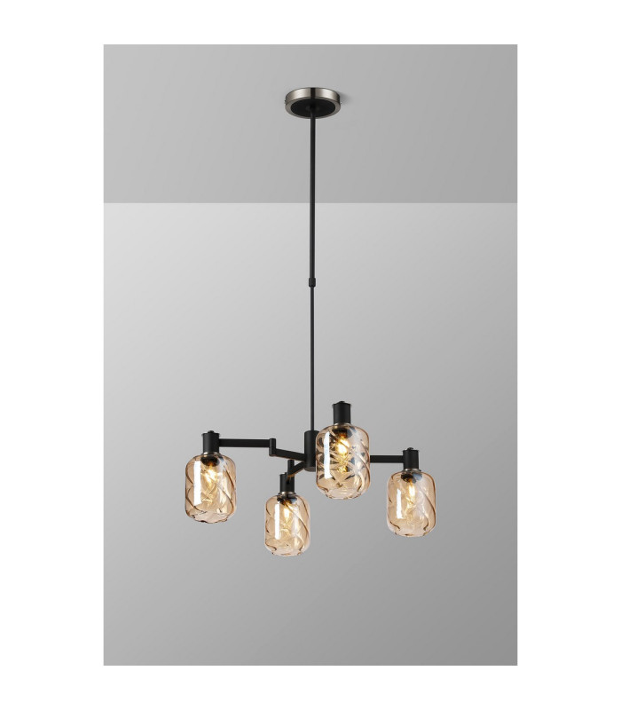Worcester Swing Arm Telescopic Pendant 4 Light E14 Satin Nickel/Satin Black/Amber Twisted Cylinder Glass-3