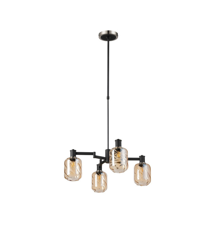 Worcester Swing Arm Telescopic Pendant 4 Light E14 Satin Nickel/Satin Black/Amber Twisted Cylinder Glass-4