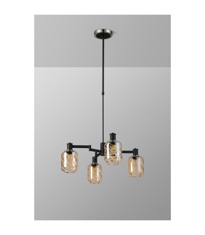 Worcester Swing Arm Telescopic Pendant 4 Light E14 Satin Nickel/Satin Black/Amber Twisted Cylinder Glass-9