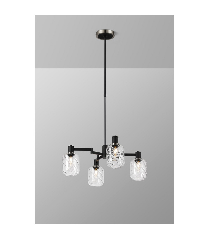 Worcester Swing Arm Telescopic Pendant 4 Light E14 Satin Nickel/Satin Black/Clear Twisted Cylinder Glass-3