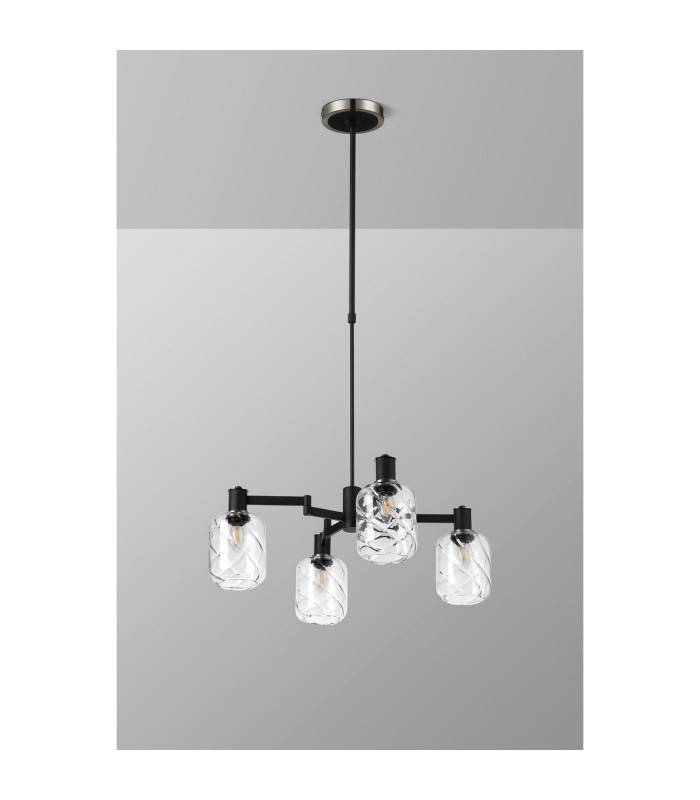 Worcester Swing Arm Telescopic Pendant 4 Light E14 Satin Nickel/Satin Black/Clear Twisted Cylinder Glass-9
