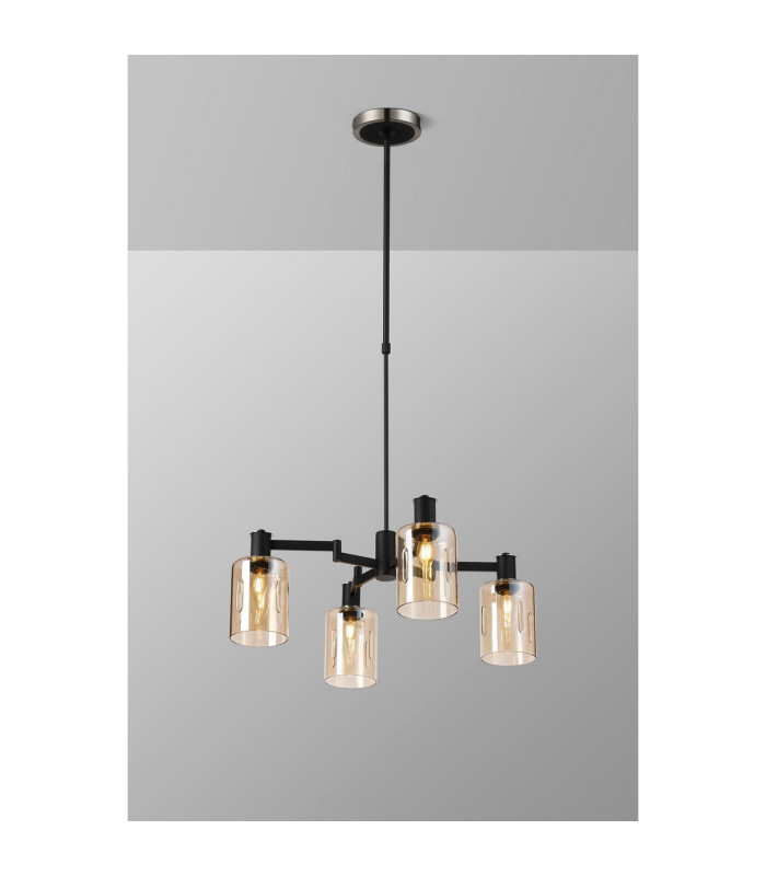 Worcester Swing Arm Telescopic Pendant 4 Light E14 Satin Nickel/Satin Black/Amber Uniform Dimple Cylinder Glass-3