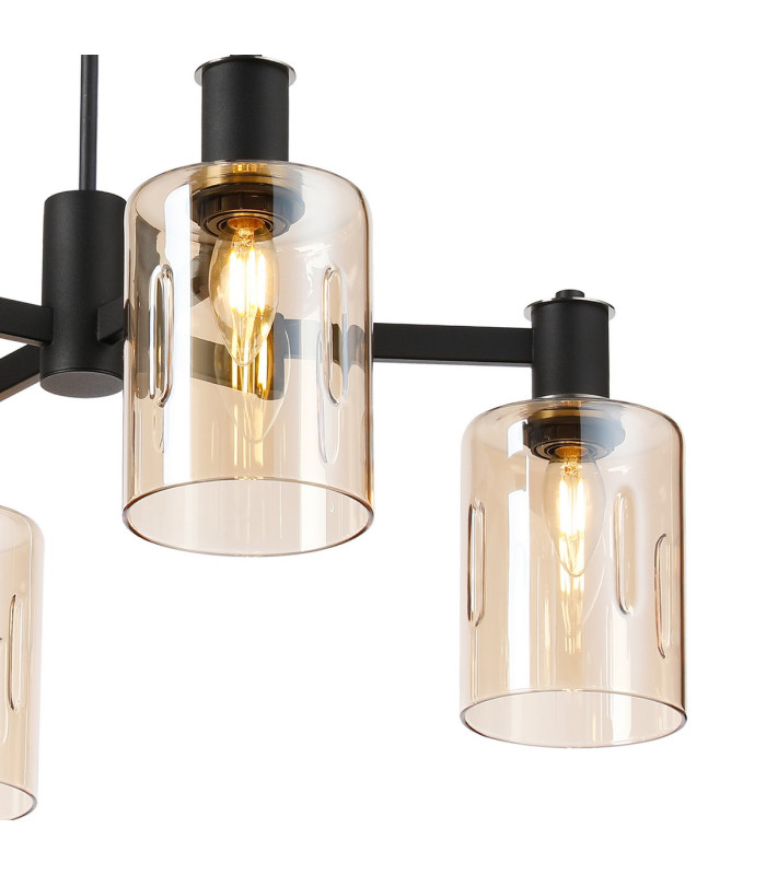 Worcester Swing Arm Telescopic Pendant 4 Light E14 Satin Nickel/Satin Black/Amber Uniform Dimple Cylinder Glass-7