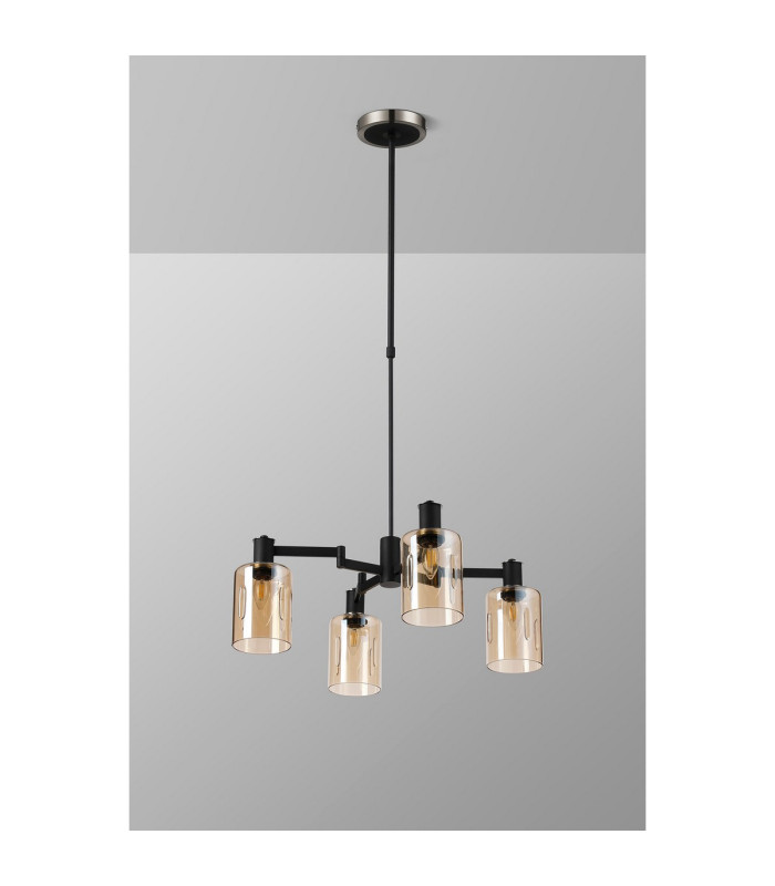 Worcester Swing Arm Telescopic Pendant 4 Light E14 Satin Nickel/Satin Black/Amber Uniform Dimple Cylinder Glass-9