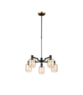 Worcester Swing Arm Telescopic Pendant 5 Light E14 Brass/Satin Black/Amber Striped Cylinder Glass-1