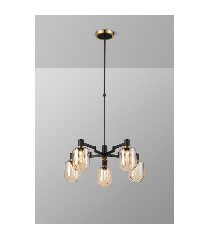 Worcester Swing Arm Telescopic Pendant 5 Light E14 Brass/Satin Black/Amber Striped Cylinder Glass-3