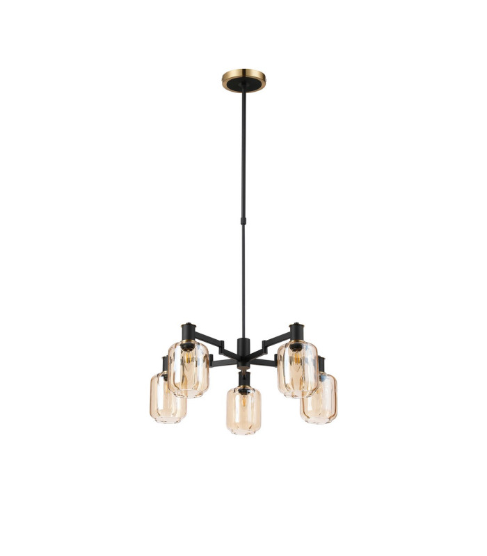 Worcester Swing Arm Telescopic Pendant 5 Light E14 Brass/Satin Black/Amber Striped Cylinder Glass-5