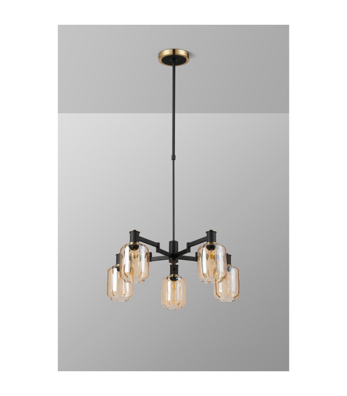 Worcester Swing Arm Telescopic Pendant 5 Light E14 Brass/Satin Black/Amber Striped Cylinder Glass-10