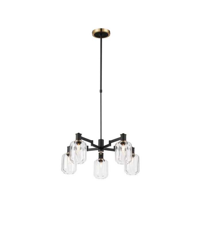 Worcester Swing Arm Telescopic Pendant 5 Light E14 Brass/Satin Black/Clear Striped Cylinder Glass-1
