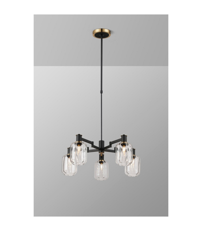Worcester Swing Arm Telescopic Pendant 5 Light E14 Brass/Satin Black/Clear Striped Cylinder Glass-3