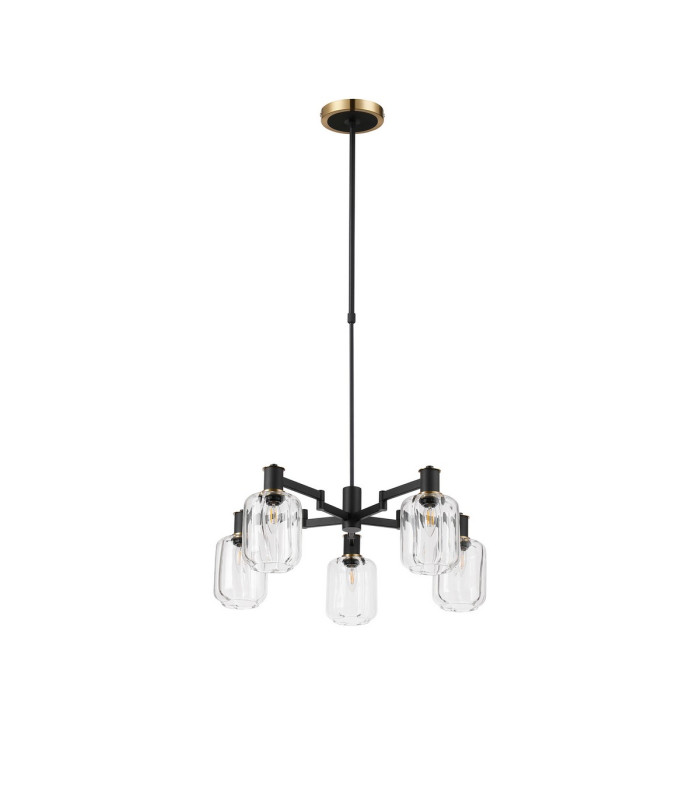 Worcester Swing Arm Telescopic Pendant 5 Light E14 Brass/Satin Black/Clear Striped Cylinder Glass-5