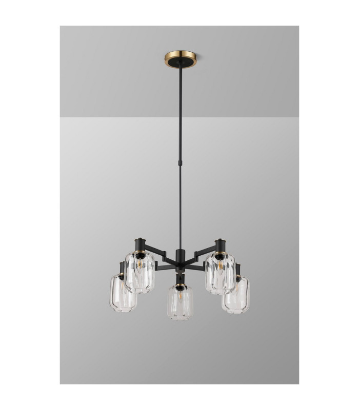 Worcester Swing Arm Telescopic Pendant 5 Light E14 Brass/Satin Black/Clear Striped Cylinder Glass-10